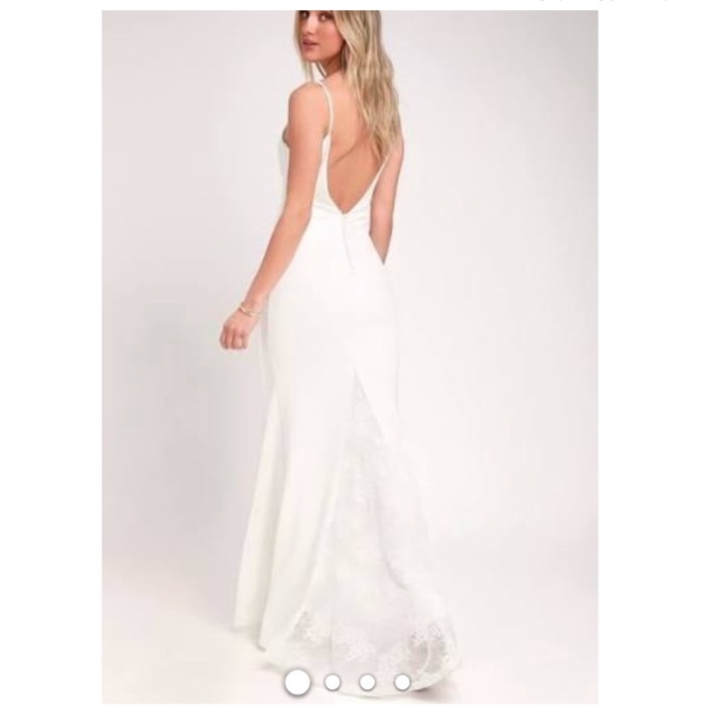 Lulu’s Taliana white lace button back wedding dress